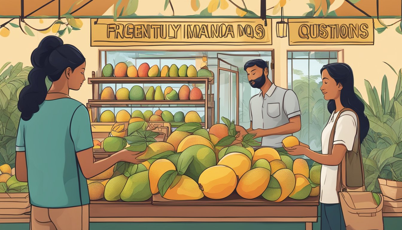A table with fresh Indian mangoes, a sign reading "Frequently Asked Questions buy Indian mango Singapore," and a customer browsing the selection