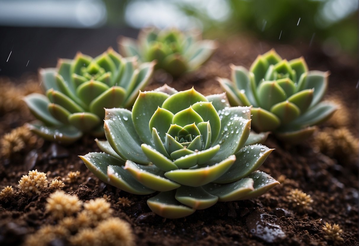 Succulents shielded under a makeshift cover during a storm. Rain pours down, while the sun beats down on the dry, parched soil