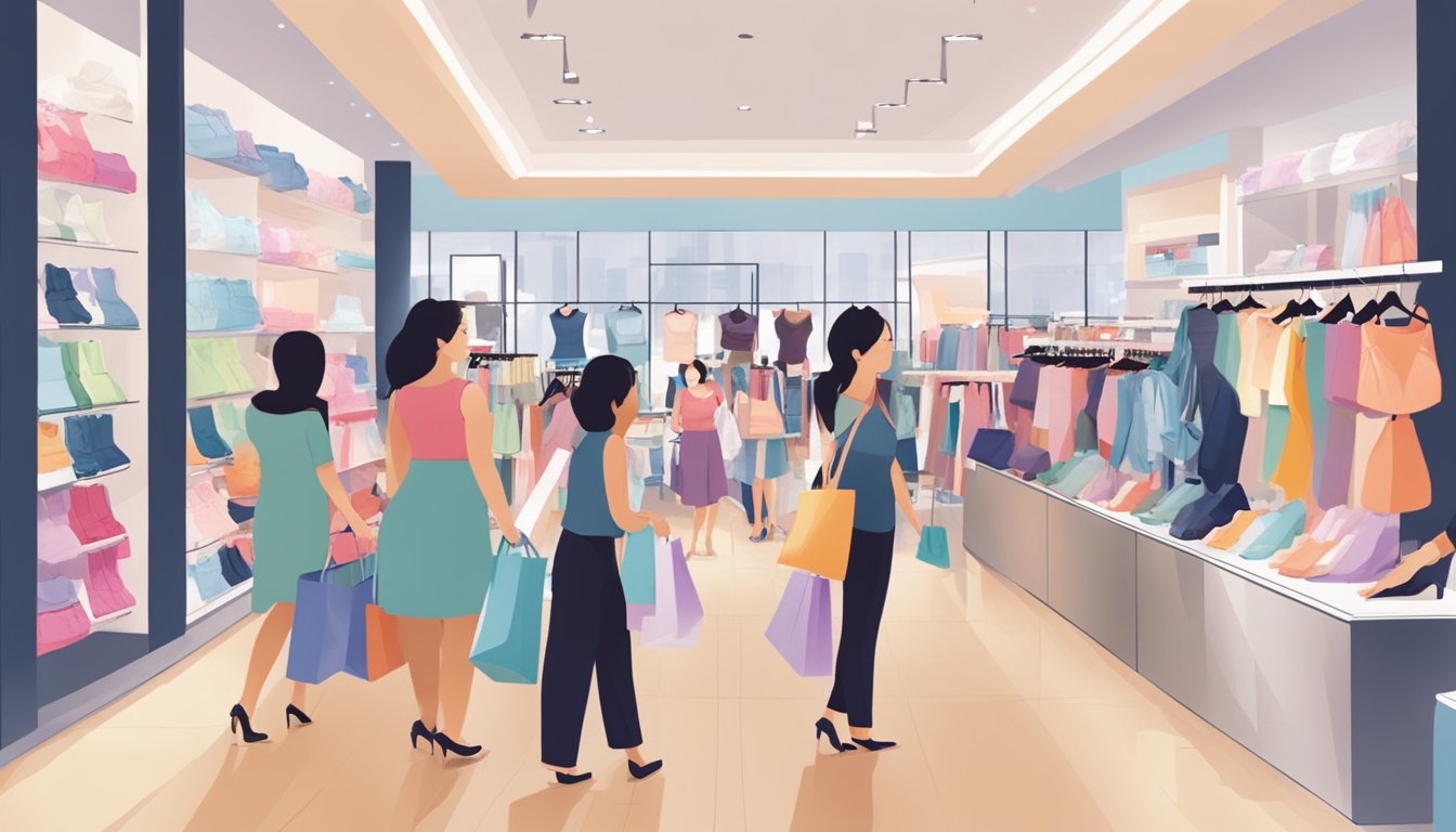 A bustling shopping mall in Singapore, with a bright and modern lingerie store displaying a range of Spanx products. Shoppers browse the racks and a helpful sales assistant assists a customer