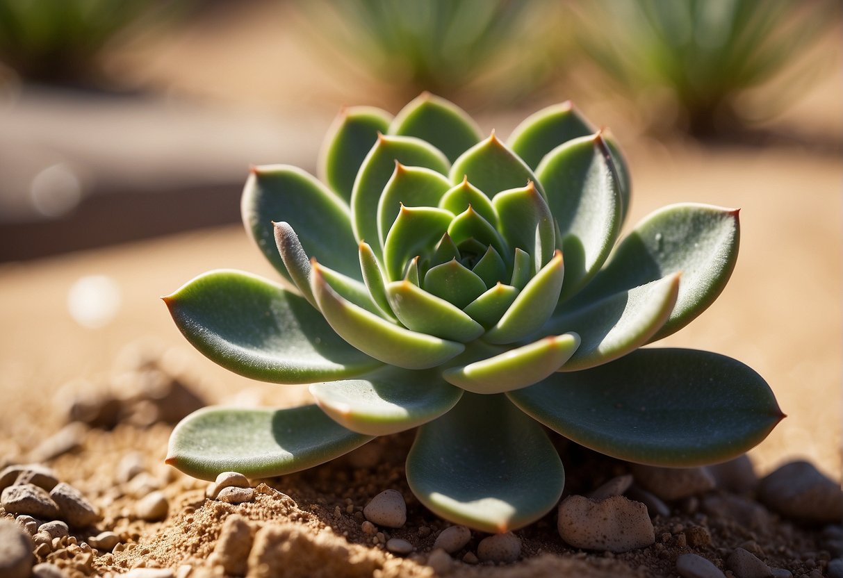 A succulent plant sits in a dry, sandy environment under the hot sun, with wilted leaves and parched soil