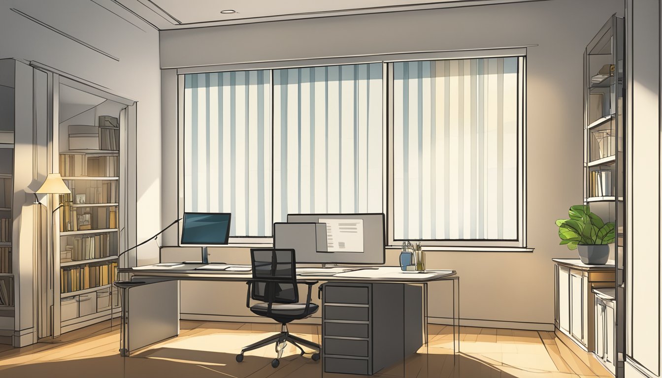 Sunlight streams through a window, illuminating a room with roller blinds. A computer screen displays a website with the option to "buy roller blinds online."