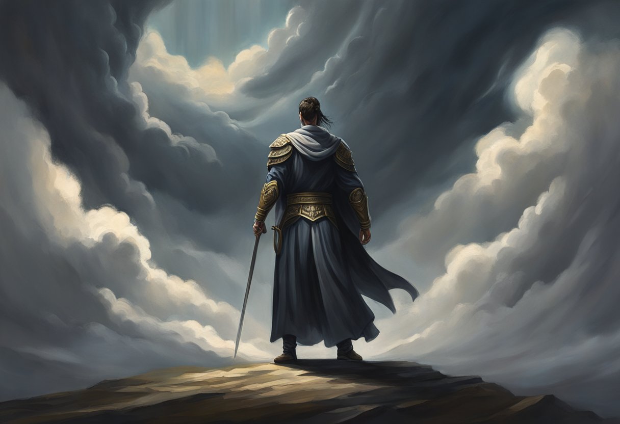 A figure stands tall, surrounded by dark clouds and shadows. Light emanates from within, dispelling the darkness. The figure is in a posture of strength and determination, as if engaged in spiritual warfare