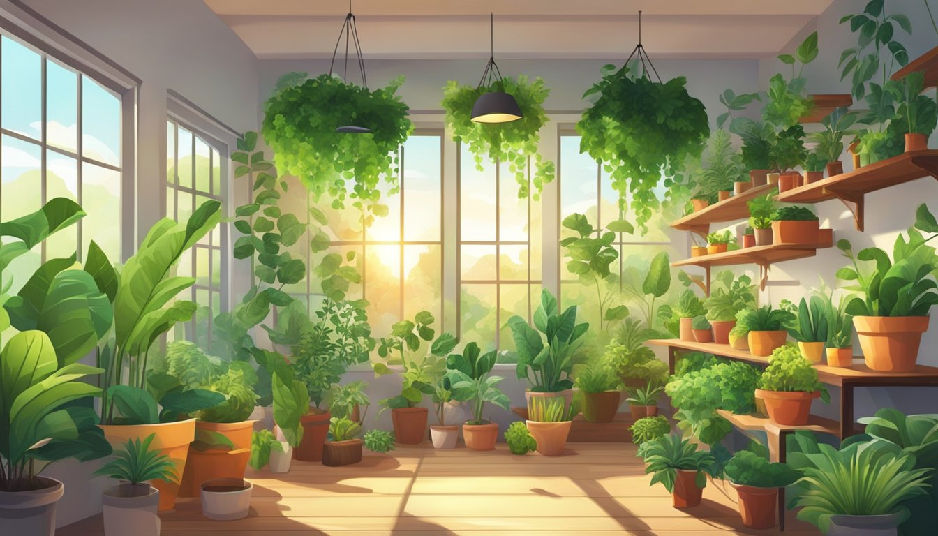 Lush greenery fills a bright room, pots of various sizes and shapes line shelves and tables. Sunlight streams in through the window, illuminating the vibrant leaves