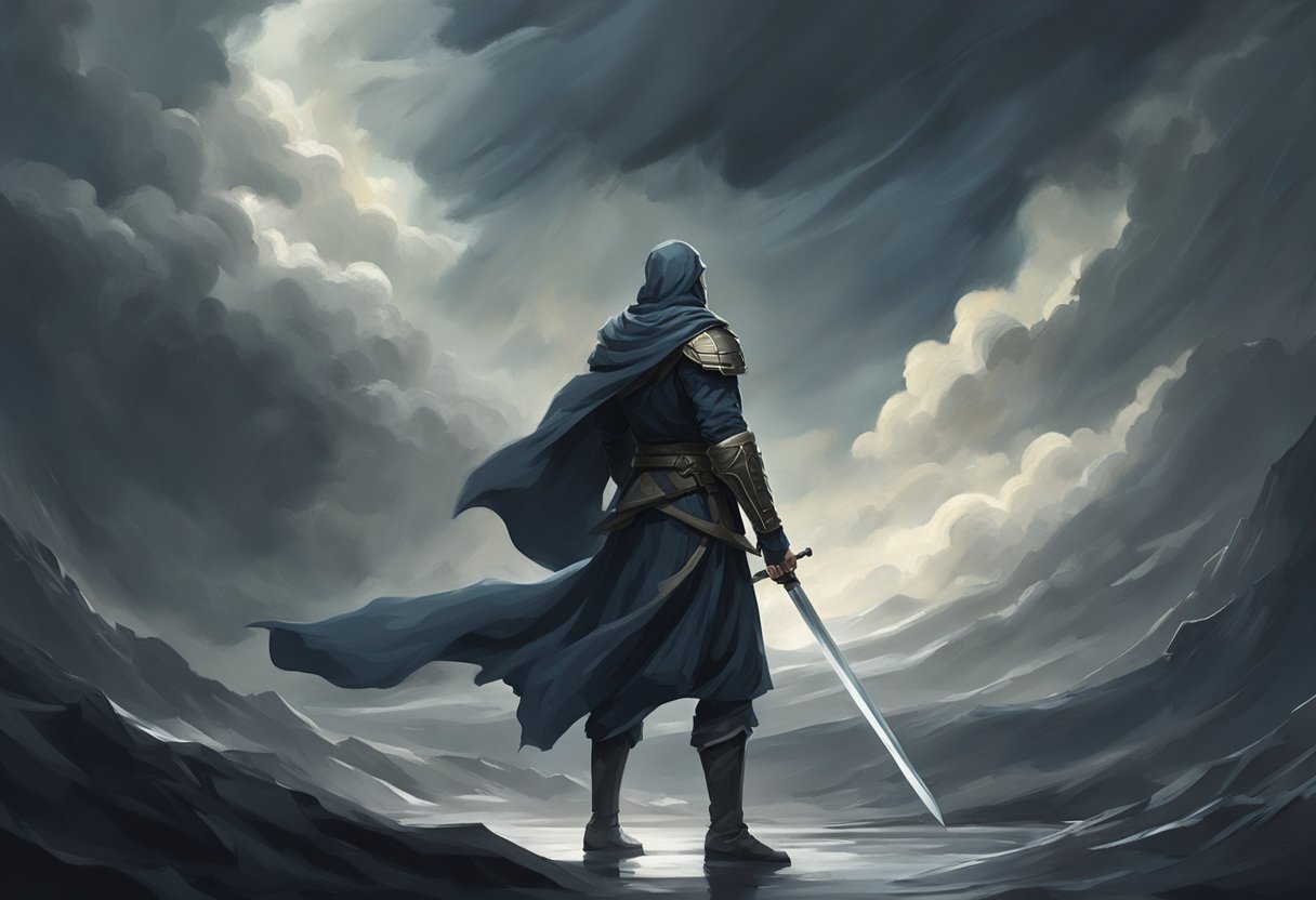 A figure stands in a dark, stormy landscape, surrounded by swirling clouds and ominous shadows. The figure raises a sword and shield, ready to battle unseen forces