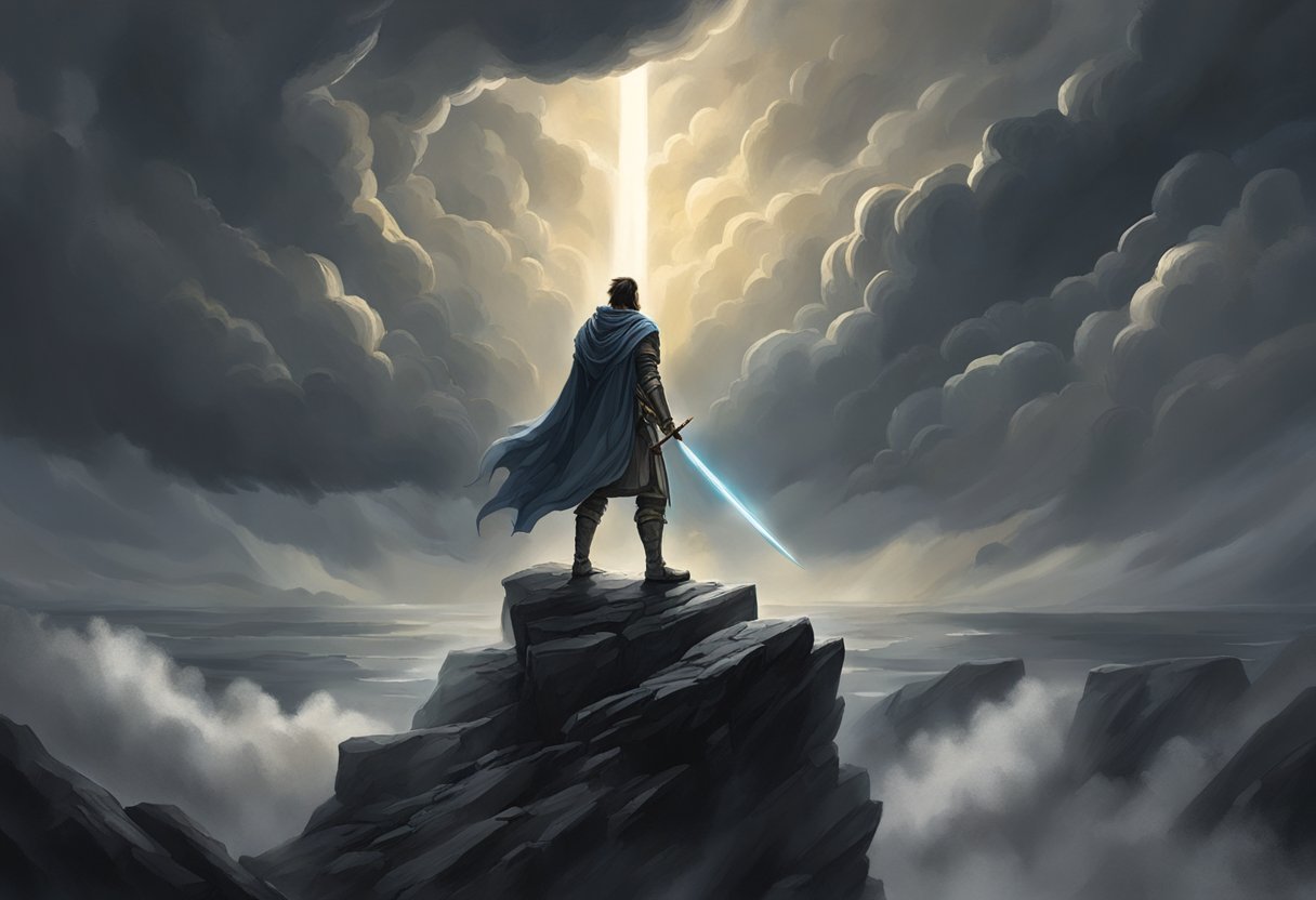 A lone figure stands on a rocky cliff, surrounded by dark clouds and swirling winds. The figure holds a glowing sword and shield, facing off against shadowy, menacing figures