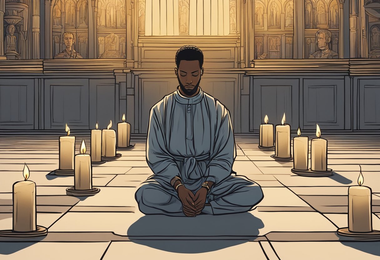 A figure kneels in a dimly lit room, surrounded by flickering candles. Their eyes are closed in concentration as they prepare to engage in spiritual warfare prayers against discouragement