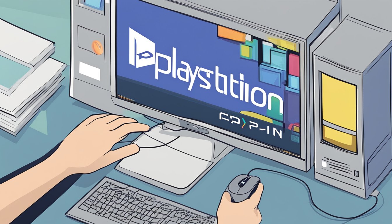 A computer screen displays a website with a "Playstation 2 buy online" button. A hand reaches for a mouse, ready to click