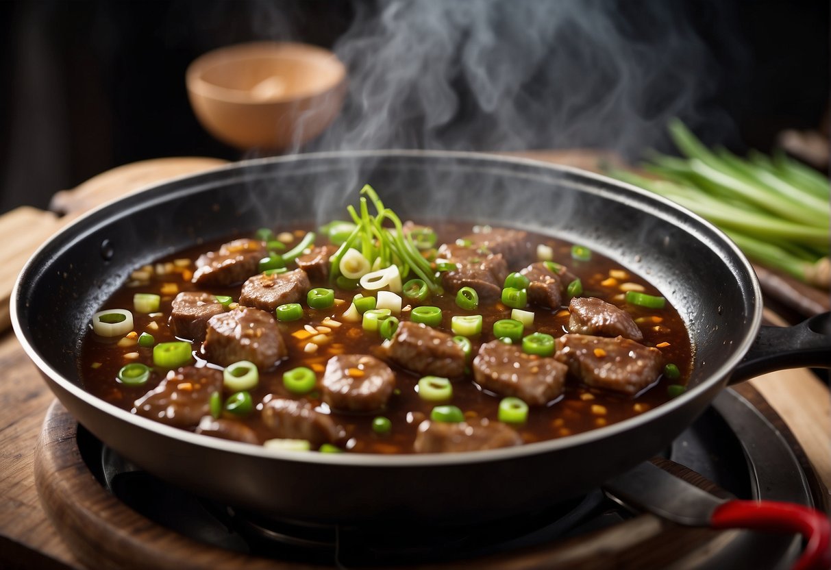 A table set with ingredients: liver, garlic, ginger, soy sauce, and green onions. A wok sizzling with oil, as a chef stirs the liver in the fragrant sauce