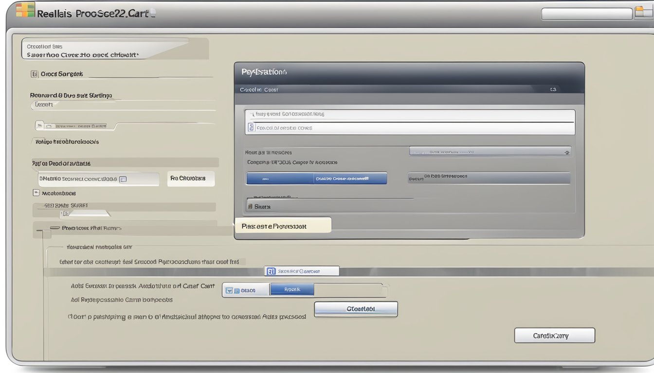 A computer screen displaying a website with a "PlayStation 2" search bar, "Add to Cart" button, and "Proceed to Checkout" option. A credit card and shipping address fields are visible