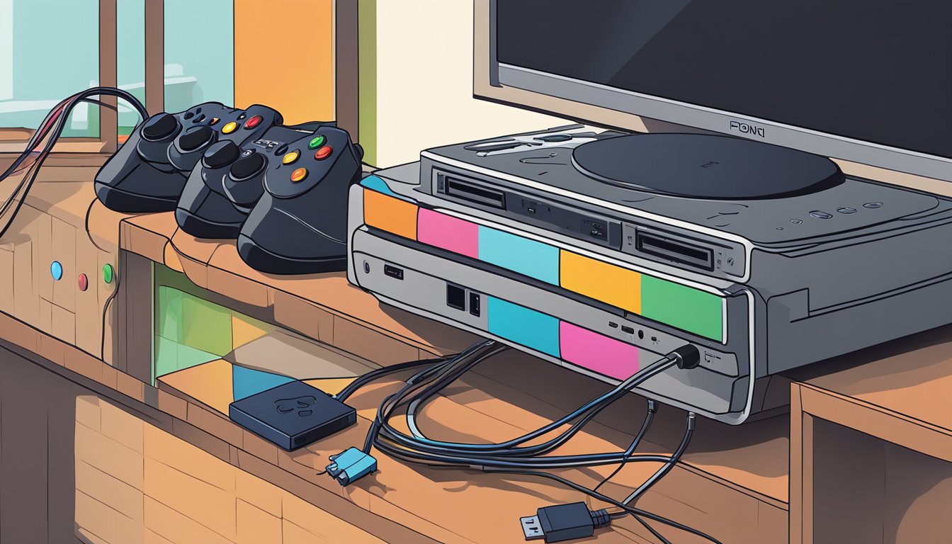 A PlayStation 2 console sits on a TV stand, connected to a power outlet and a TV with colorful cables. Two controllers are placed neatly next to the console