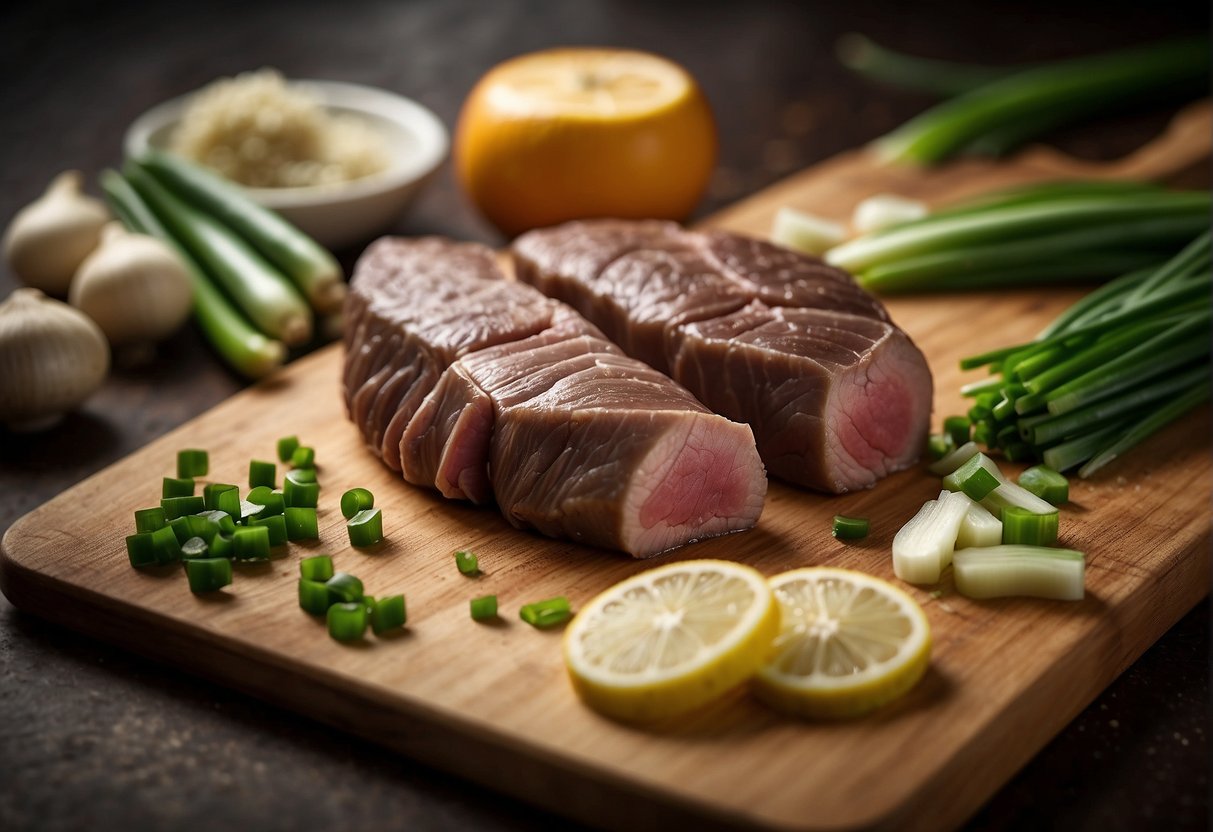 A chef slices fresh liver, ginger, and green onions for a Chinese recipe. Ingredients are neatly arranged on a cutting board
