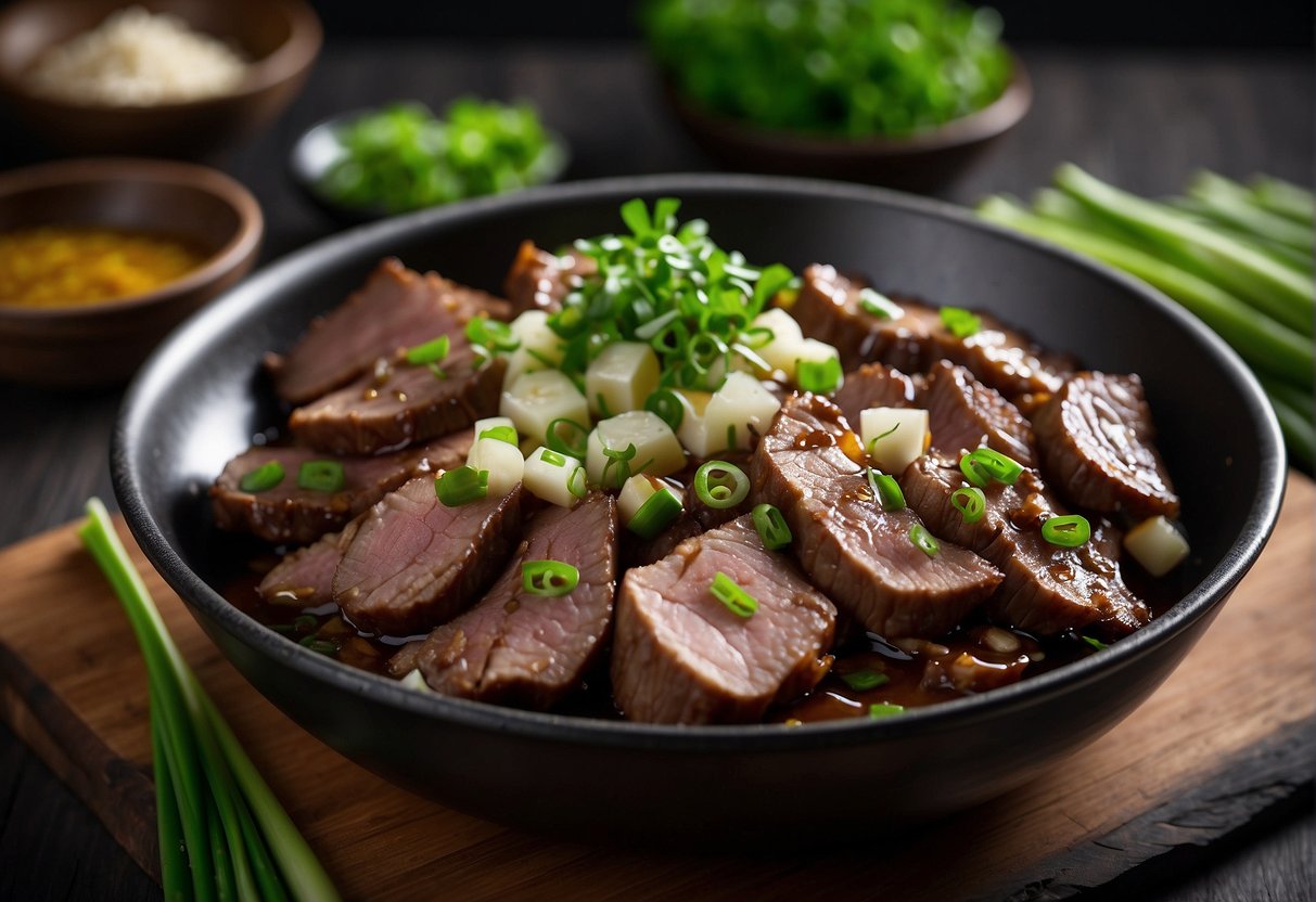 Slicing liver, marinating with soy sauce, ginger, and garlic. Heating oil in wok, stir-frying liver until golden brown. Garnishing with green onions