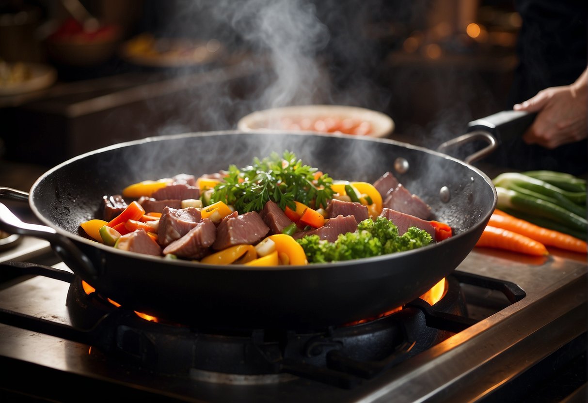 Sizzling liver slices in a wok, surrounded by vibrant vegetables and aromatic spices. Steam rises as the chef tosses the ingredients, creating a mouth-watering aroma