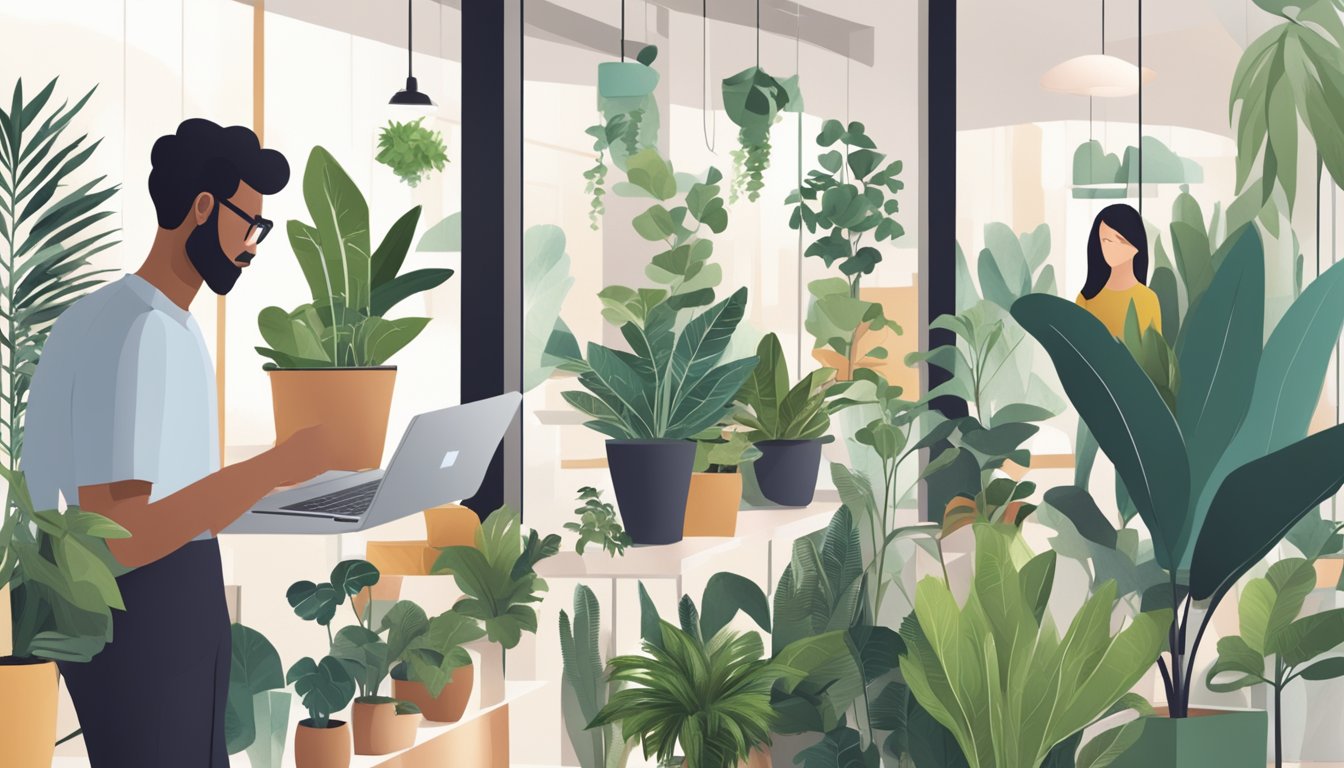 Customers browsing through a variety of indoor plants on a sleek and modern online platform, with a section dedicated to frequently asked questions
