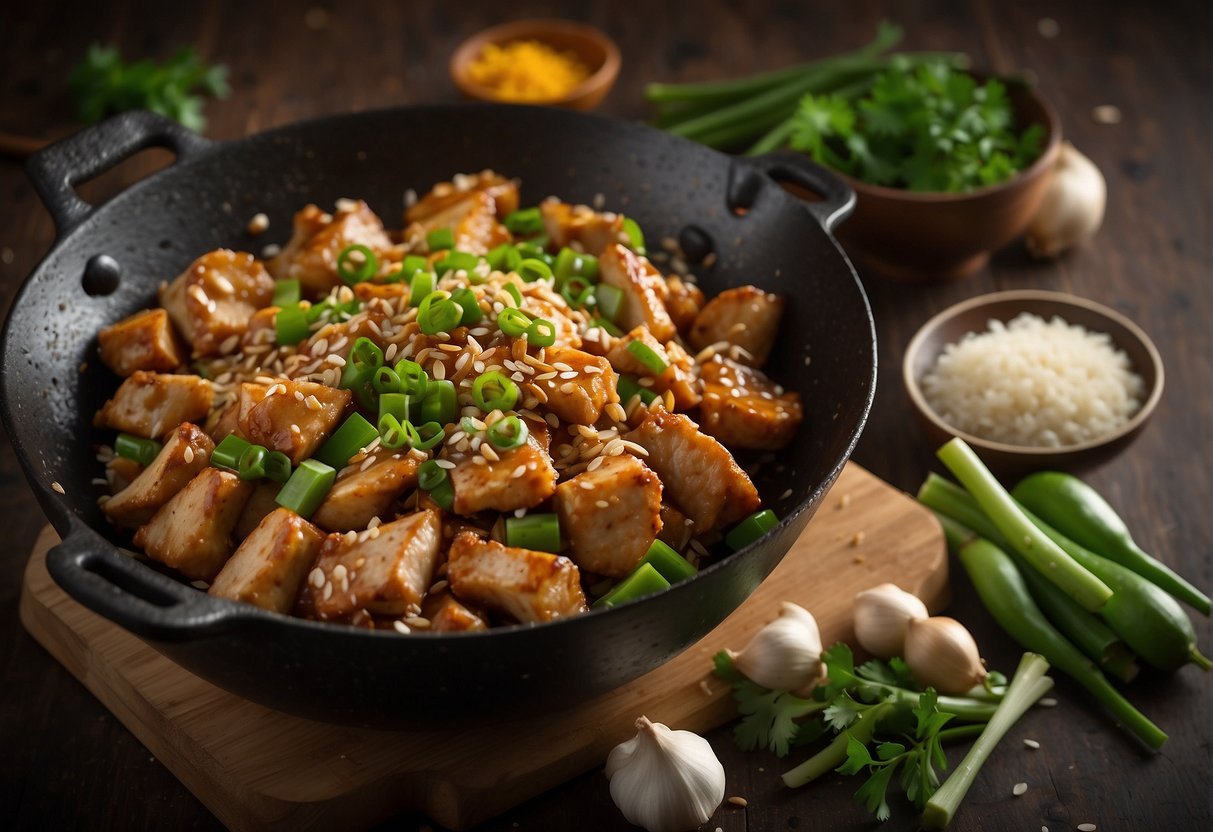A wok sizzles with diced chicken, ginger, and garlic. Soy sauce and sesame oil are added, creating a savory aroma. Green onions and sesame seeds garnish the finished dish