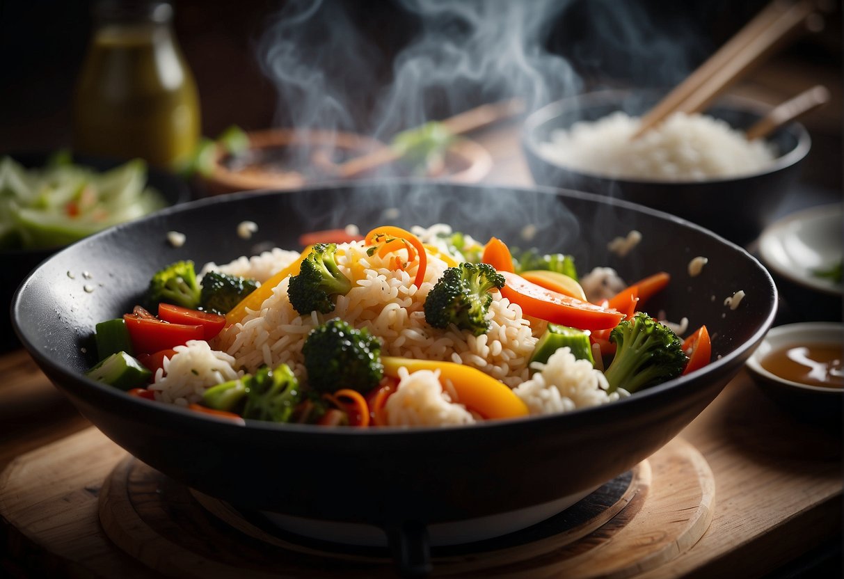 A wok sizzles with stir-fried veggies and protein. Steam rises as sauces are added. A plate of fluffy rice sits nearby. Chopsticks and a bowl of hot soup complete the scene
