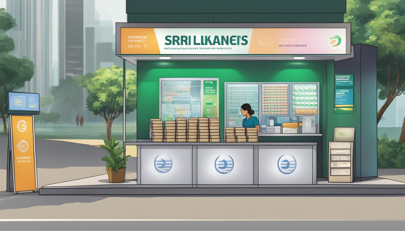 A currency exchange booth in Singapore with a sign advertising the availability of Sri Lankan rupees. Displayed rates and a stack of banknotes are visible