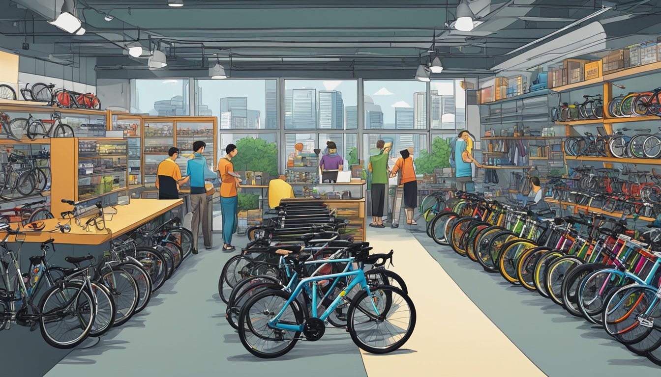 A bustling bike shop in Singapore sells Raleigh bikes, with colorful displays and eager customers browsing the selection