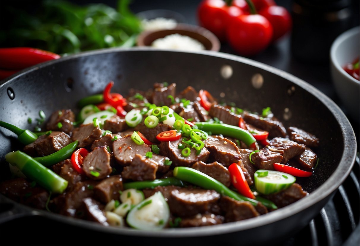 A sizzling wok filled with tender slices of marinated liver, surrounded by vibrant green scallions, fiery red chilies, and aromatic garlic and ginger