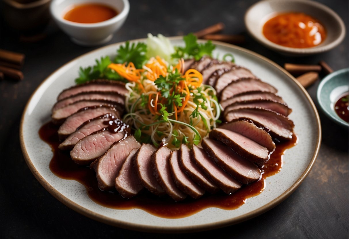 A platter of sliced Chinese liver arranged with garnishes and a drizzle of sauce, ready for serving