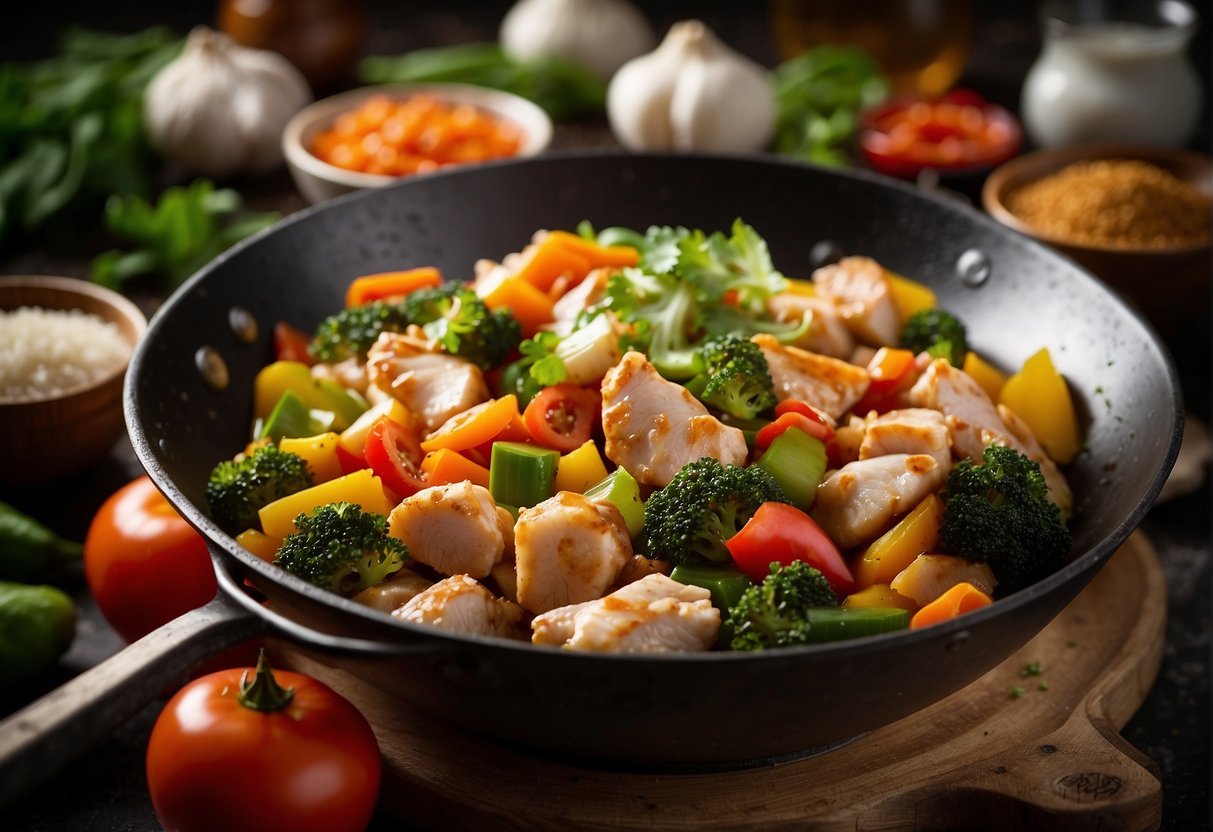 A wok sizzling with diced chicken, colorful vegetables, and aromatic sauces, surrounded by essential ingredients like soy sauce, ginger, and garlic
