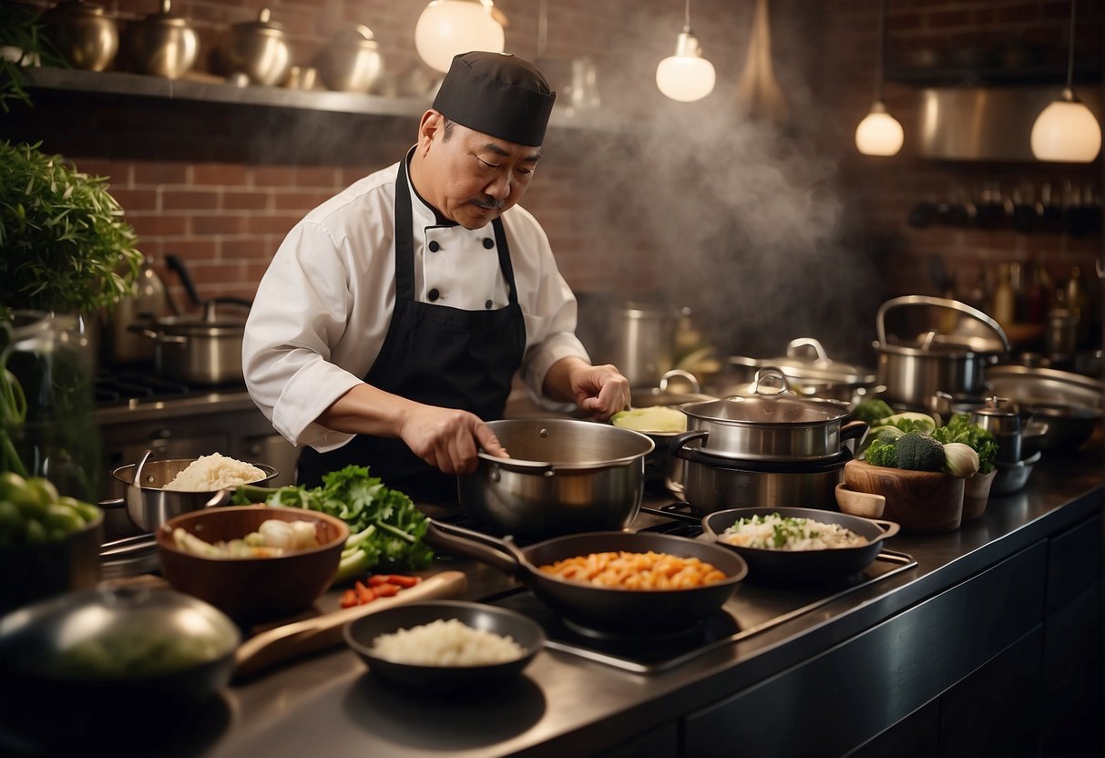 A chef stirring a pot of Chinese liver recipe while surrounded by various ingredients and cooking utensils