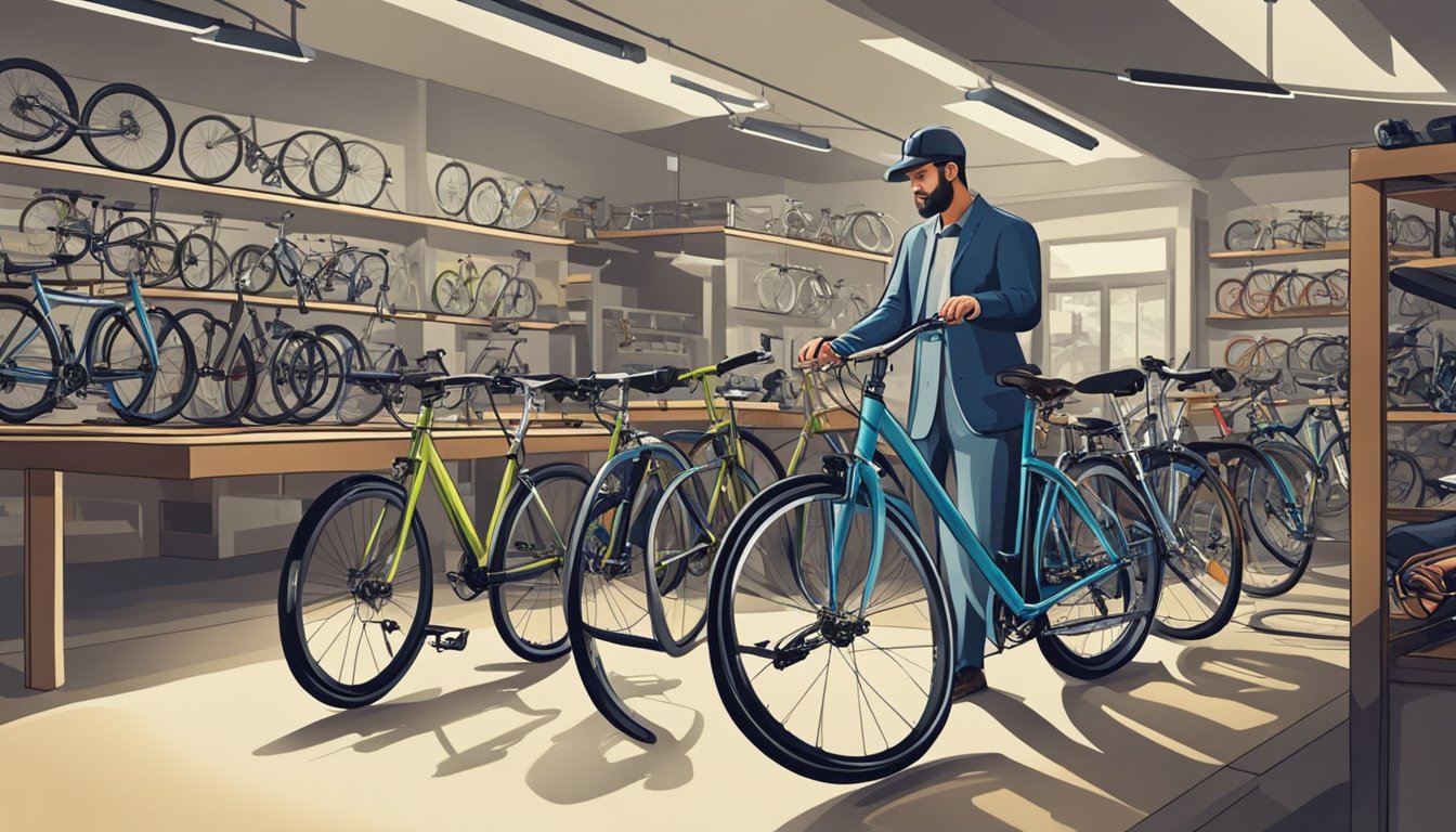A customer carefully examines Raleigh bikes in a bicycle shop, surrounded by various models and accessories