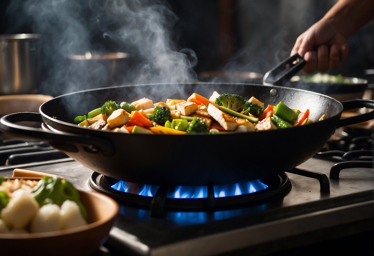 A wok sizzles with stir-fried vegetables and tofu. Steam rises as a chef adds soy sauce. A pot boils noodles. A cookbook lays open to "Essentials of Chinese Cooking."