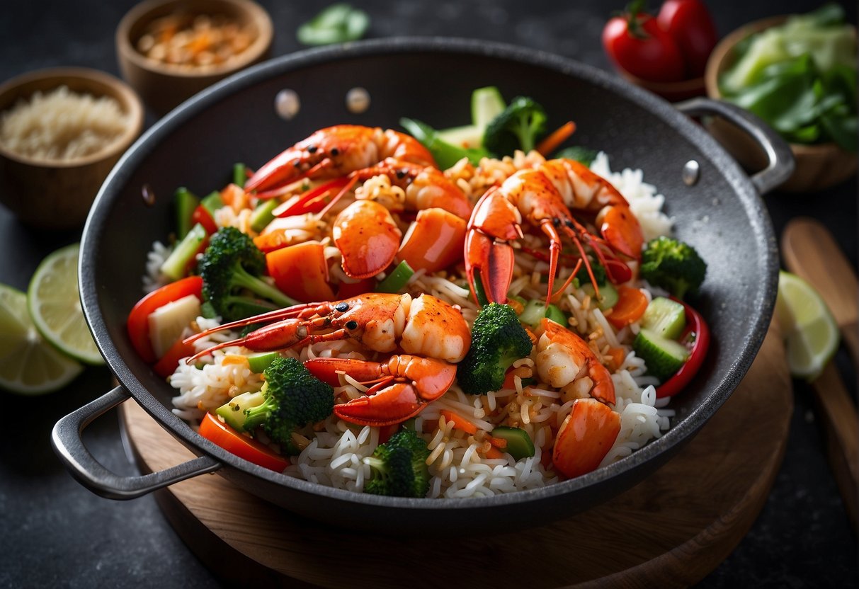 A wok sizzles with stir-fried lobster, rice, and vegetables, infused with savory Chinese spices and sauces