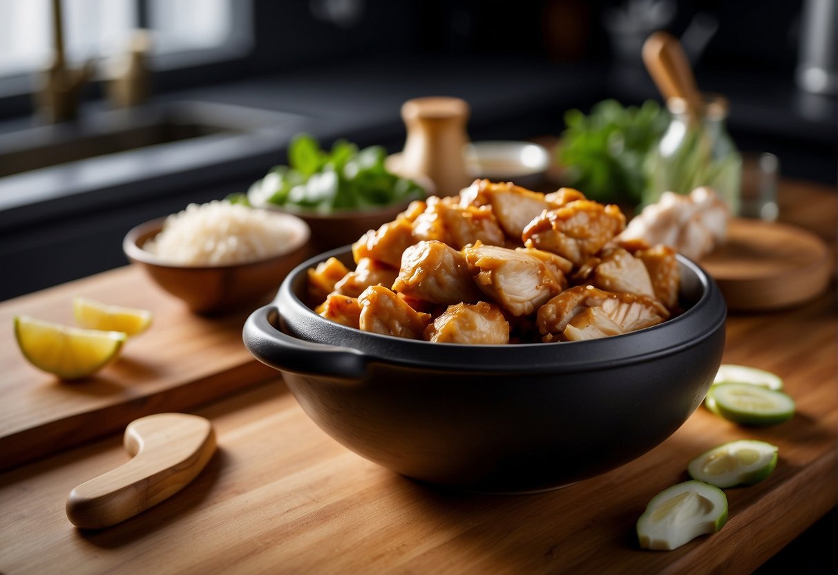 Chicken pieces in a bowl with soy sauce, ginger, and garlic. A chef's knife and cutting board nearby. Ingredients laid out on a kitchen counter