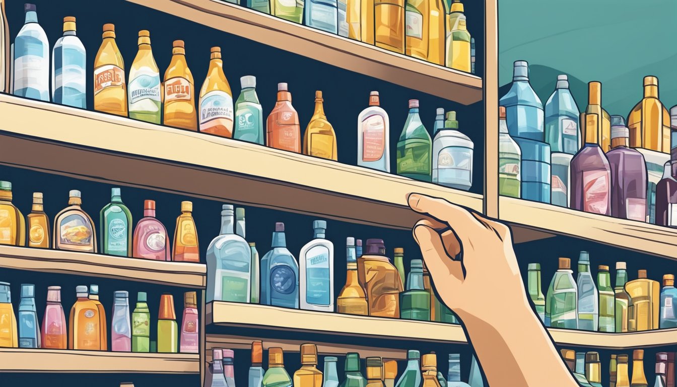 A hand reaches for a bottle of isopropyl alcohol on a store shelf in Singapore