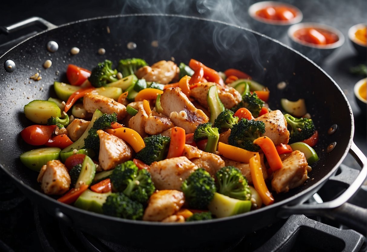 Sizzling chicken stir-frying in a wok with colorful vegetables and aromatic spices