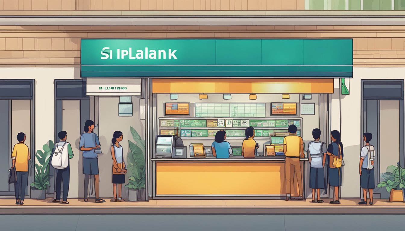 A currency exchange booth in Singapore with a sign displaying "Sri Lankan Rupees available here" and a line of customers waiting to make transactions