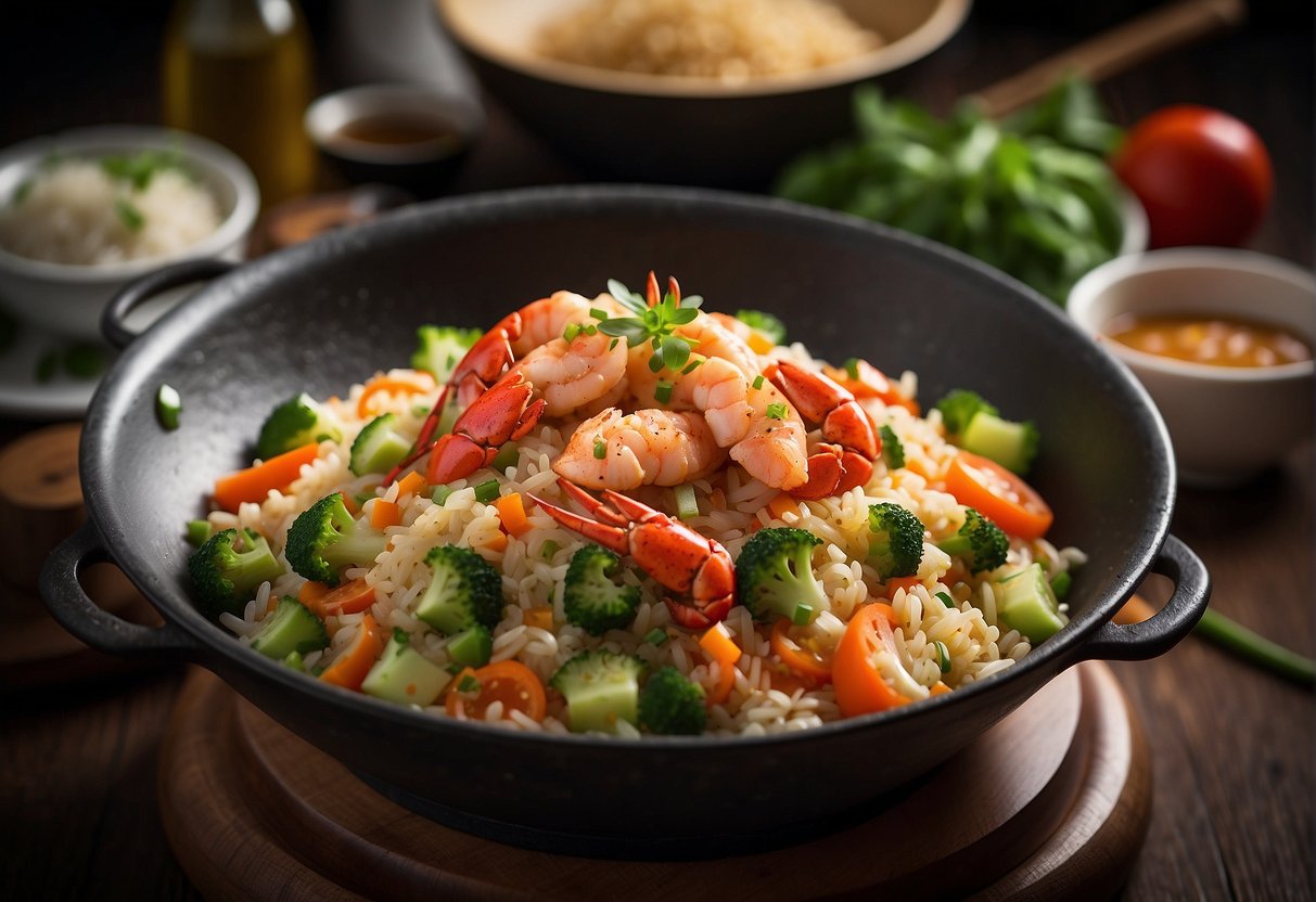 A sizzling wok tosses chunks of succulent lobster, fragrant jasmine rice, crisp vegetables, and savory sauces, creating a mouthwatering Chinese lobster fried rice dish