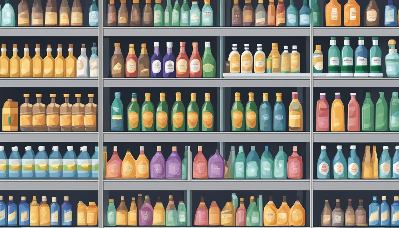 Shelves stocked with isopropyl alcohol bottles in a Singaporean store