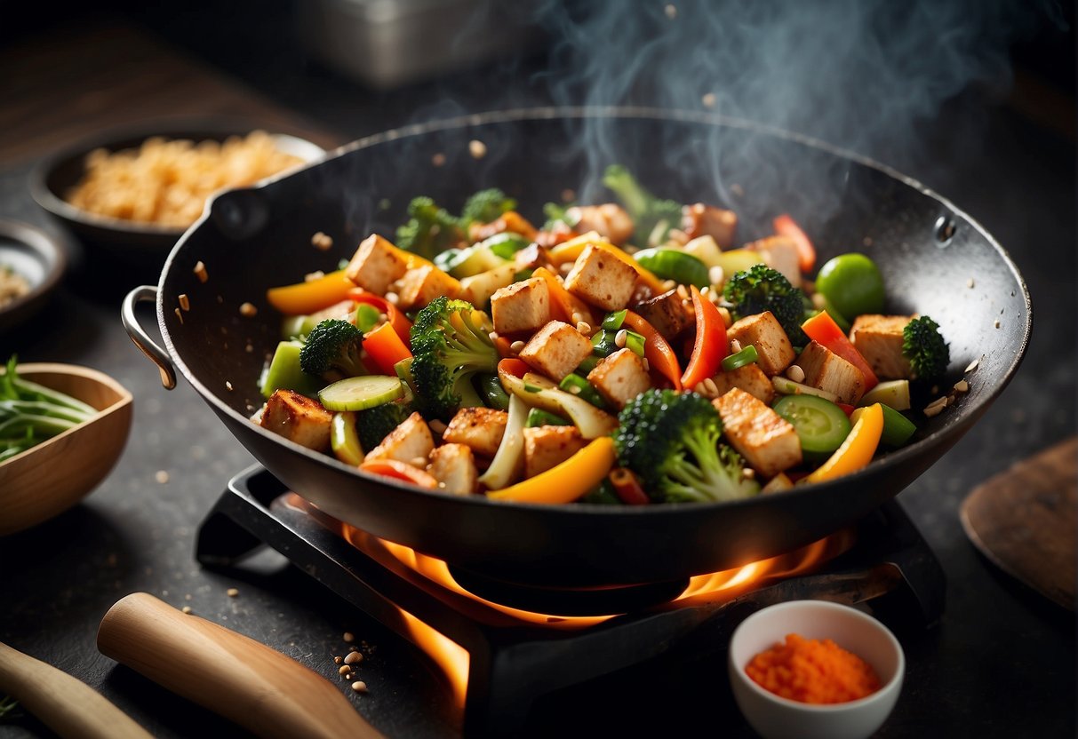 A sizzling wok filled with colorful vegetables, tofu, and strips of meat being quickly tossed and stir-fried over a high flame