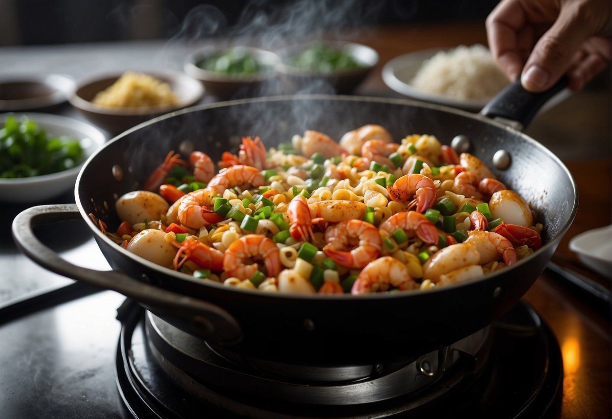 A wok sizzles with diced lobster, eggs, and rice, as a chef tosses in soy sauce, garlic, and green onions