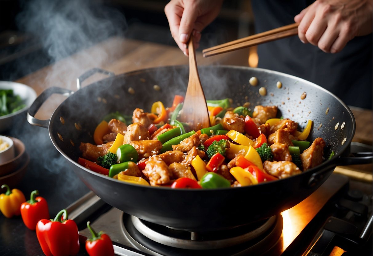 A sizzling wok filled with stir-fried chicken, colorful bell peppers, and aromatic spices. Steam rising as the chef adds a savory soy sauce glaze