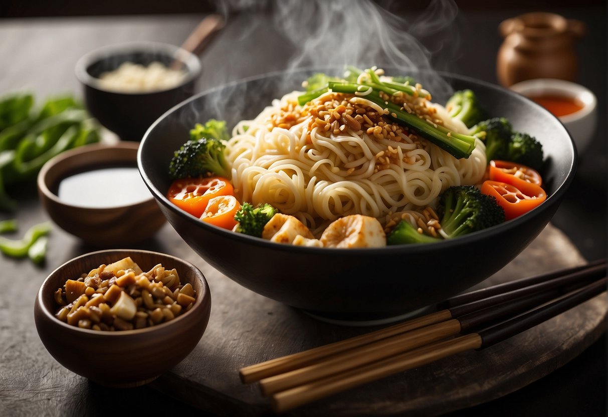 A steaming bowl of noodles with chopsticks resting on the side. A wok sizzling with vegetables and tofu. A bottle of soy sauce and a stack of bowls ready for serving