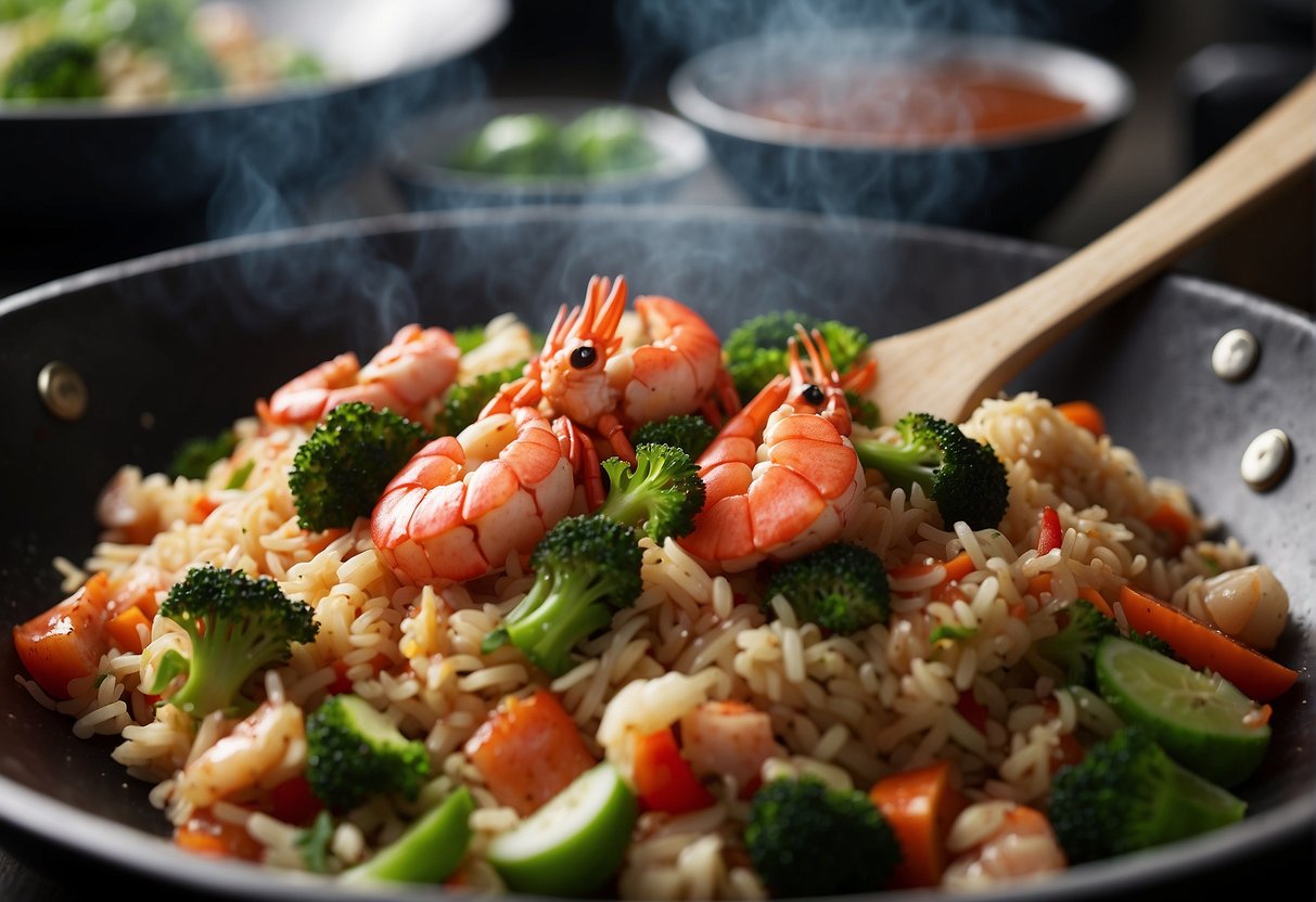 A wok sizzles as chunks of lobster, rice, and vegetables are stir-fried together with soy sauce and aromatics, creating a fragrant and flavorful Chinese lobster fried rice dish