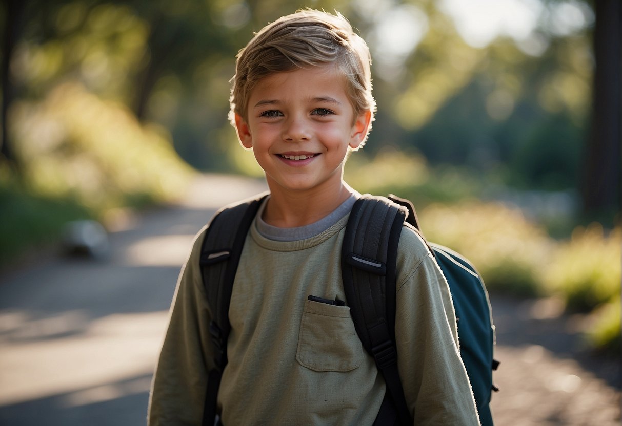 A young boy named Luke, from Outdoor Boys, stands confidently with a friendly smile, ready for adventure