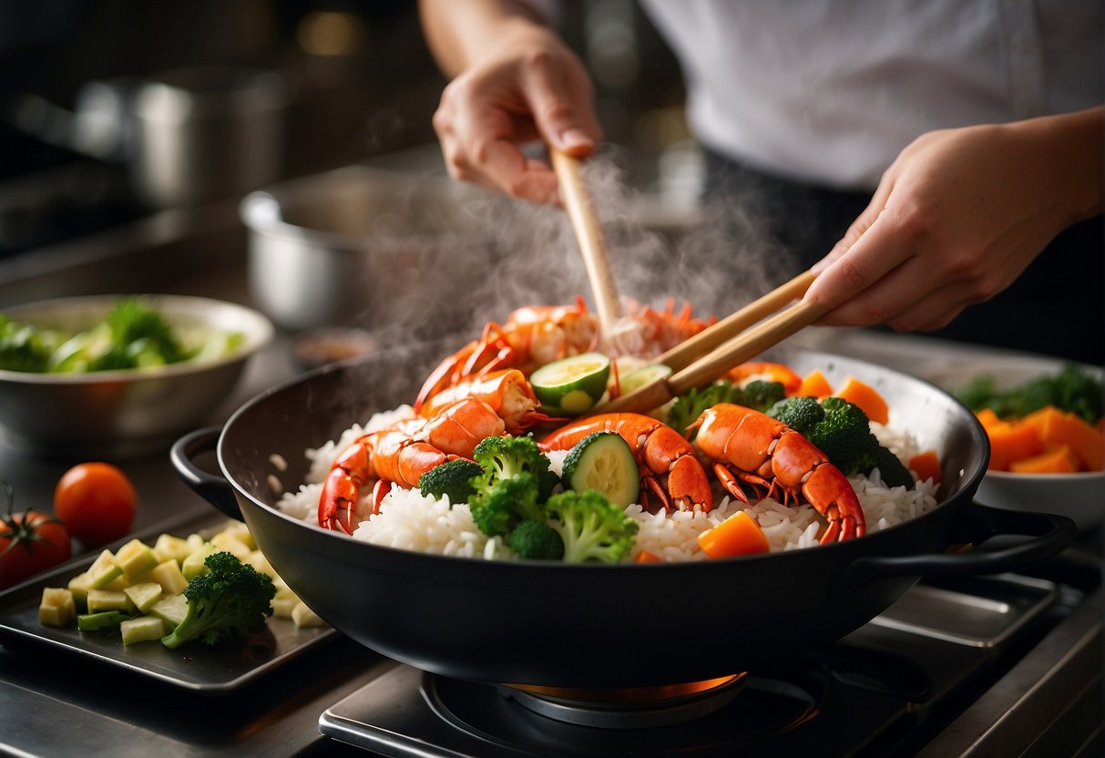 A sizzling wok tosses chunks of succulent lobster, vibrant vegetables, and fluffy rice, as fragrant aromas waft through the bustling kitchen