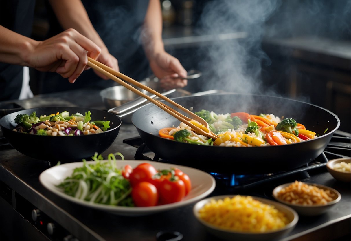 A sizzling wok tosses colorful veggies and steaming rice, as a chef adds savory sauces with a flick of the wrist