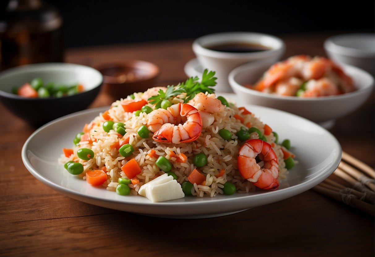 A steaming plate of Chinese lobster fried rice with chopsticks and a side of pickled ginger and soy sauce