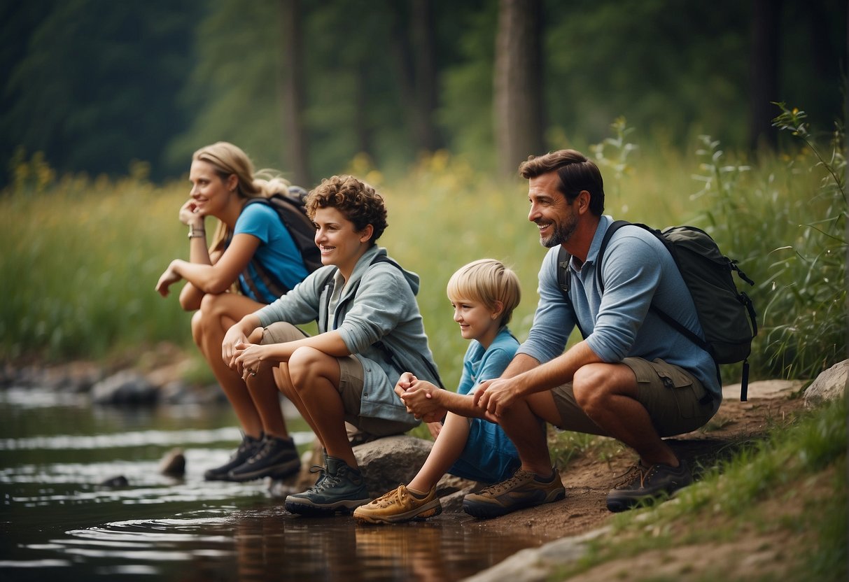 A group of family members engage in outdoor activities, including hiking, fishing, and camping