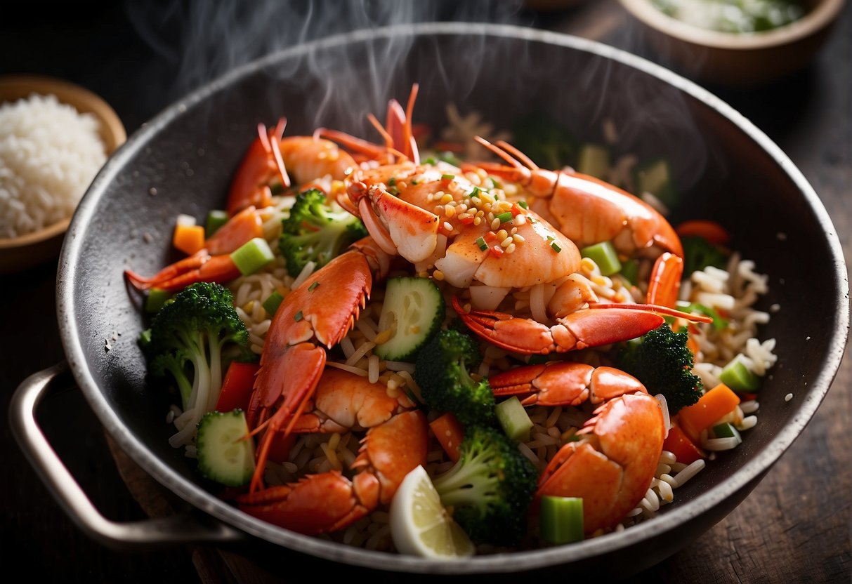 A steaming wok sizzles with savory chunks of lobster, stir-fried with aromatic Chinese spices and nestled among fluffy grains of rice