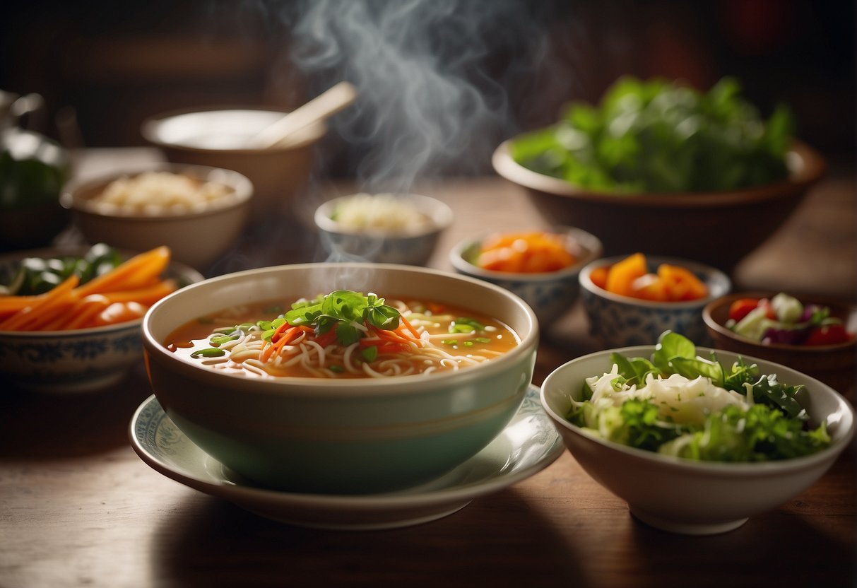 A steaming bowl of flavorful Chinese soup sits next to a vibrant salad, fresh ingredients on display. The table is set for a quick and delicious dinner