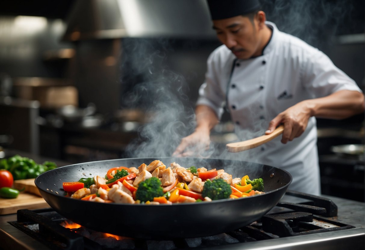 A wok sizzling with diced chicken, vibrant vegetables, and aromatic spices, as a chef effortlessly tosses and stirs the ingredients with precision