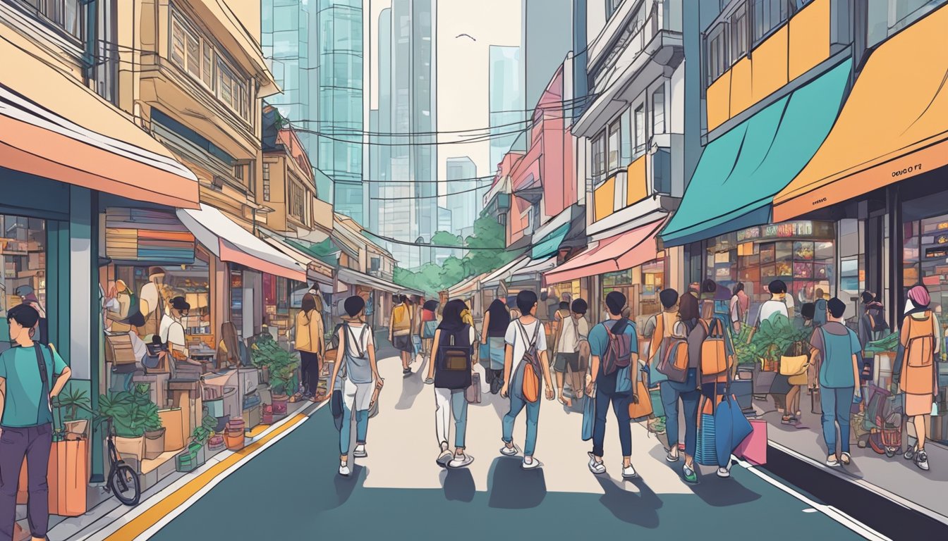 A bustling street in Singapore with trendy shops, vibrant colors, and stylish storefronts showcasing the latest streetwear fashion