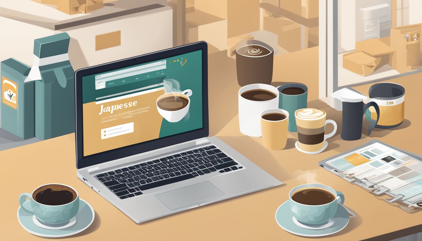 A laptop displaying a website with "buy Japanese coffee online" on the screen, surrounded by various coffee packaging and a cup of steaming coffee